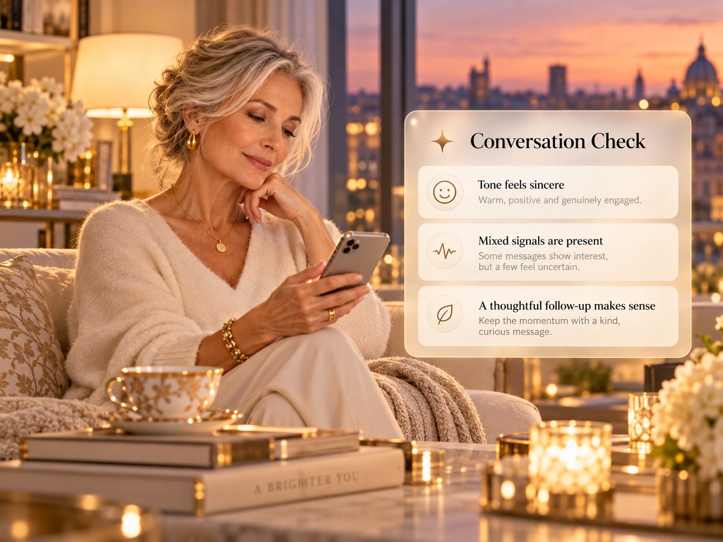 A woman reading a message on her phone at home, beside a Conversation Check summary